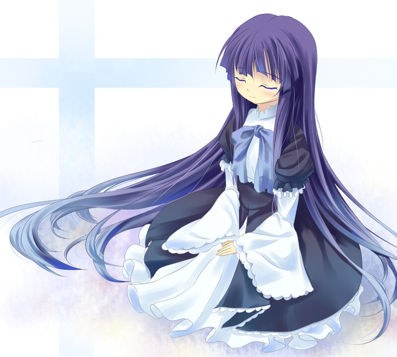 purple-haired girl in a dress