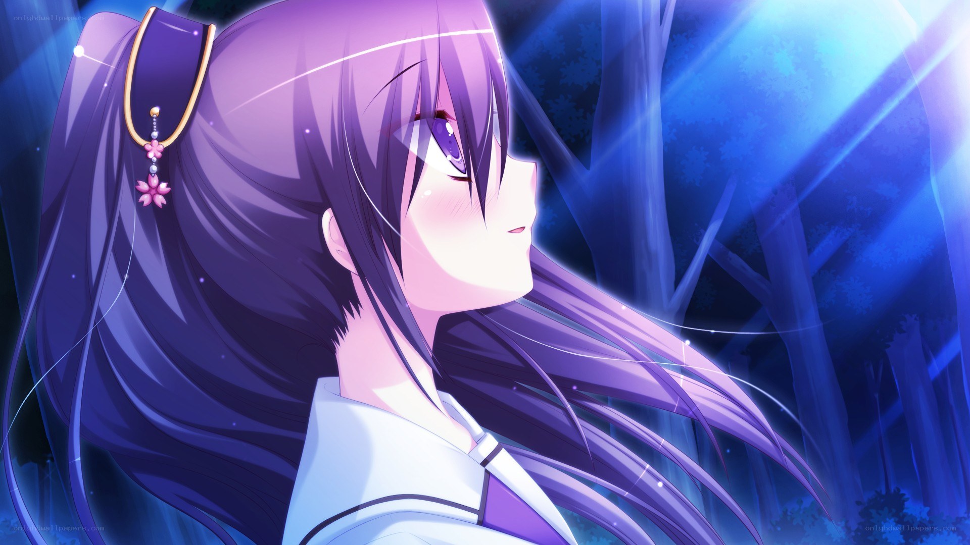 purple-haired girl in a forest