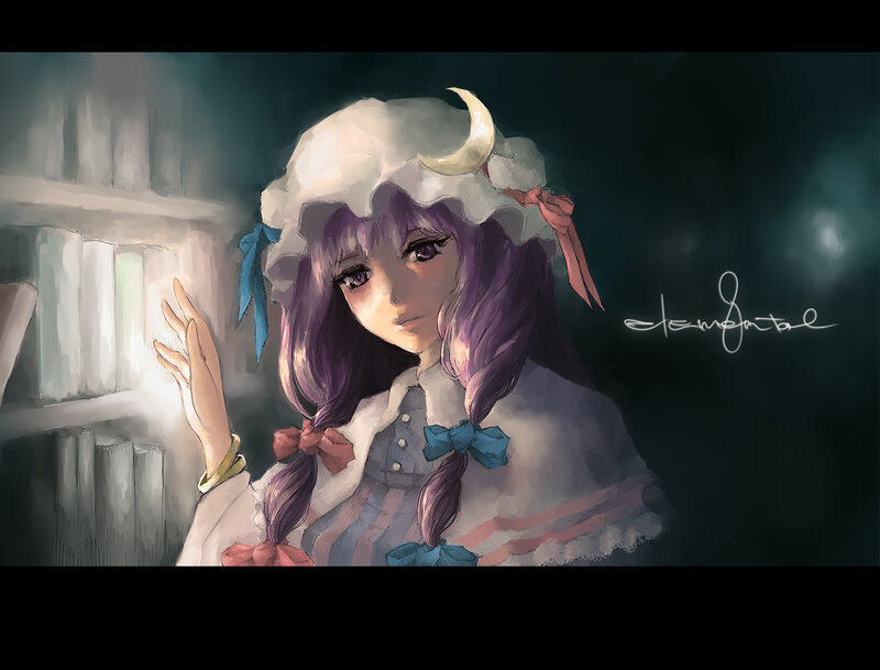 purple-haired girl in a library