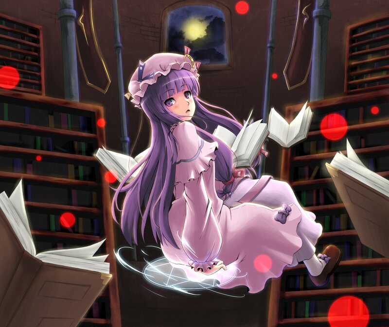 purple-haired girl in a library