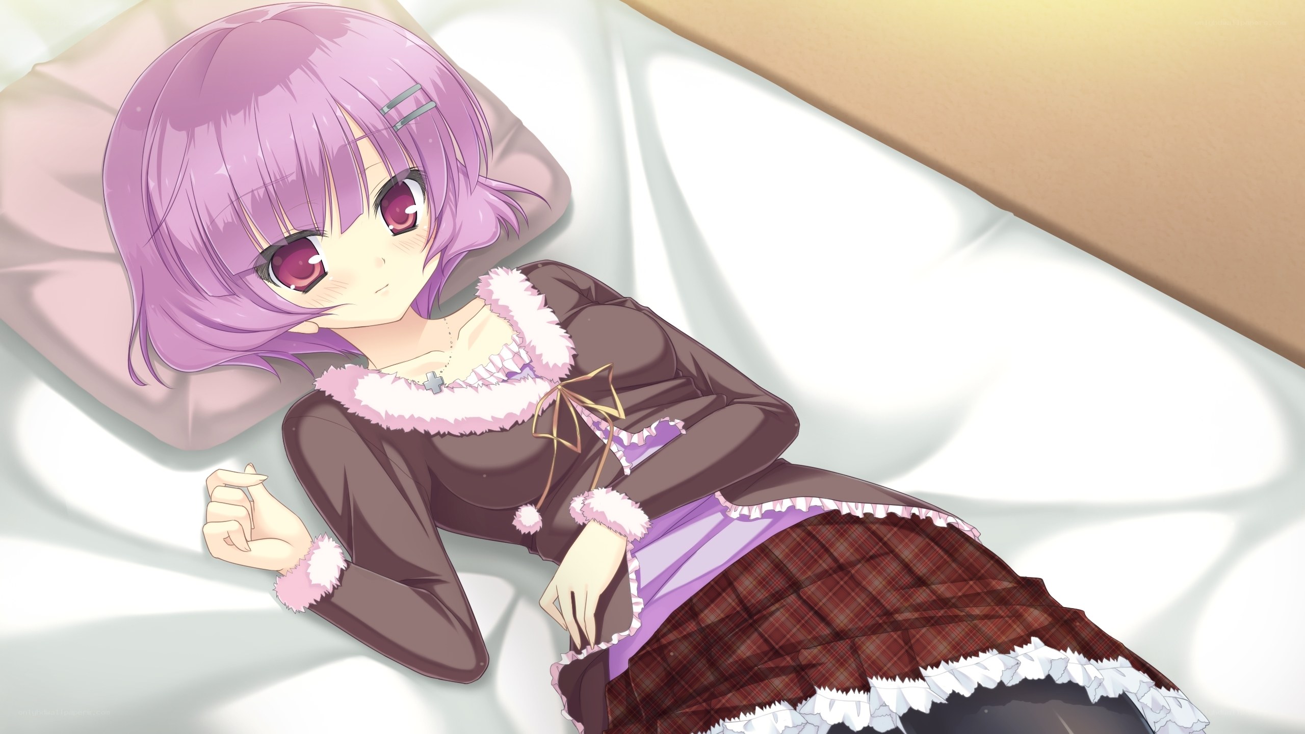 purple-haired girl in bed