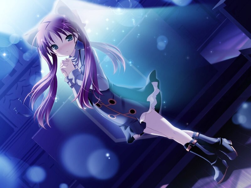 purple-haired girl in blue light