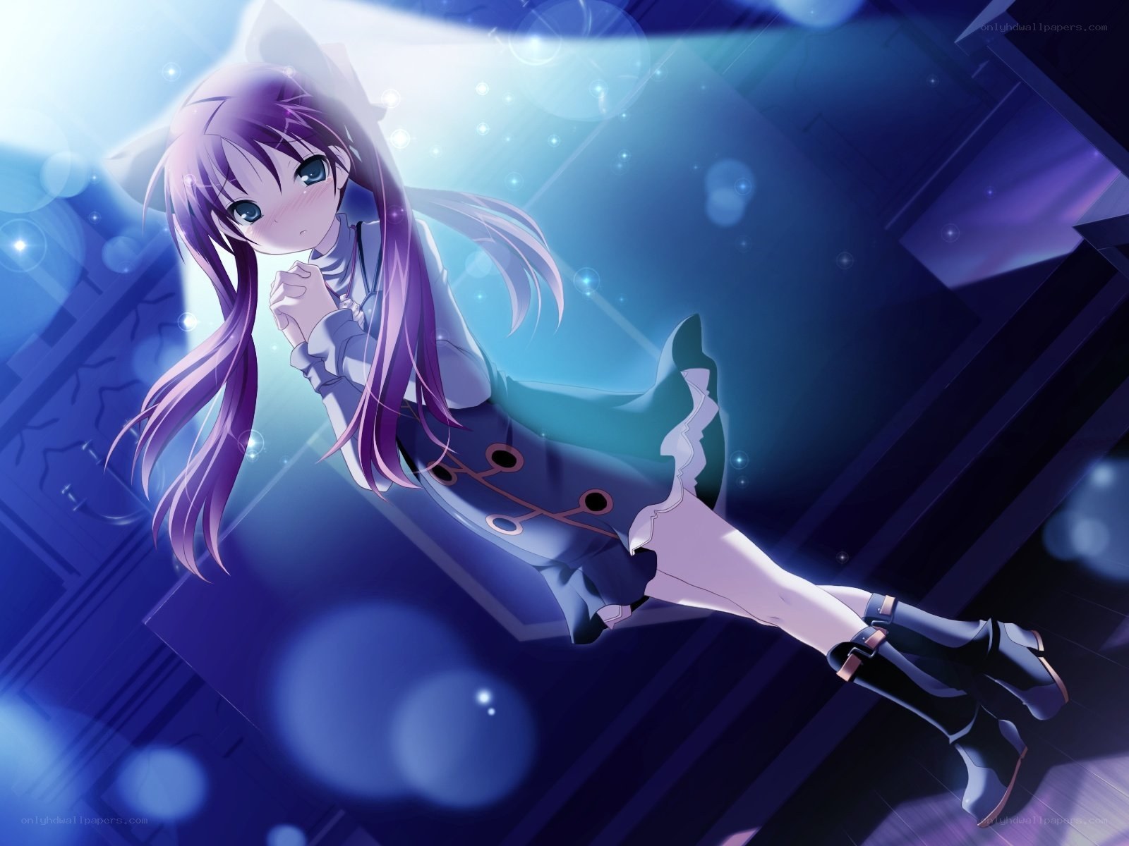 purple-haired girl in blue light