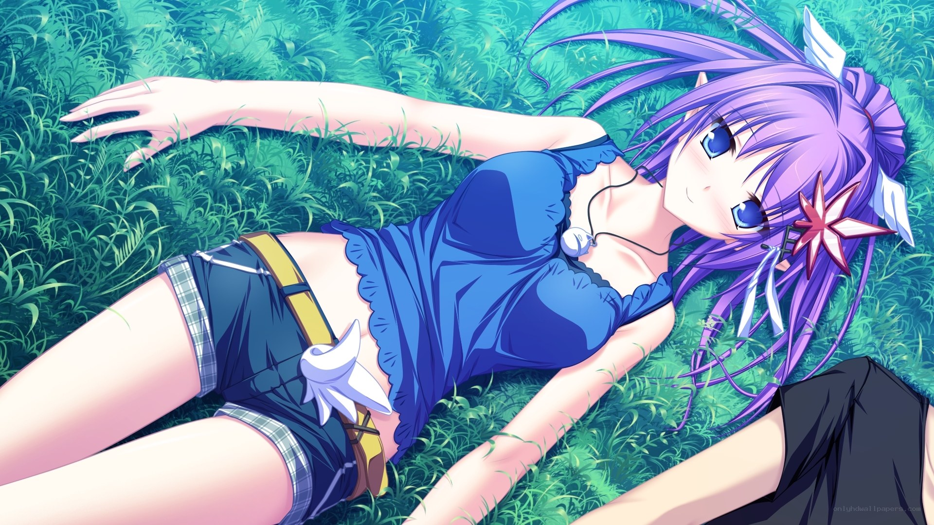purple-haired girl in blue top