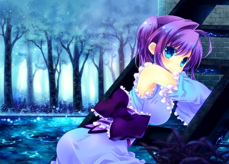 Purple-haired Girl in Forest — Blue, Serene