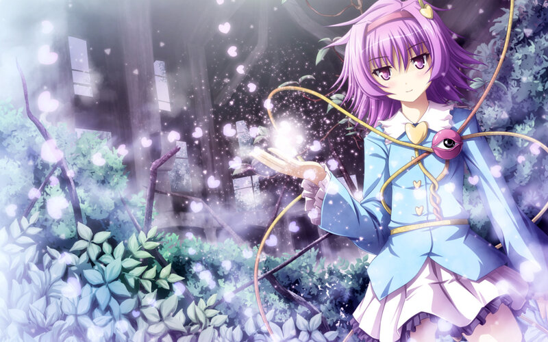 purple-haired girl in garden