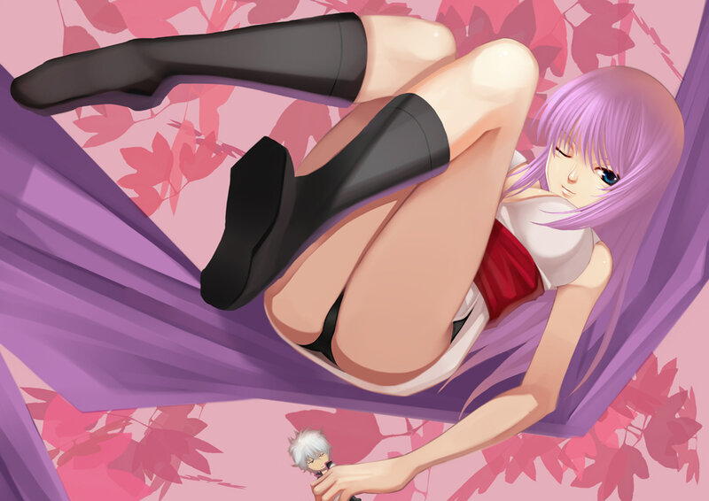 purple-haired girl in hammock