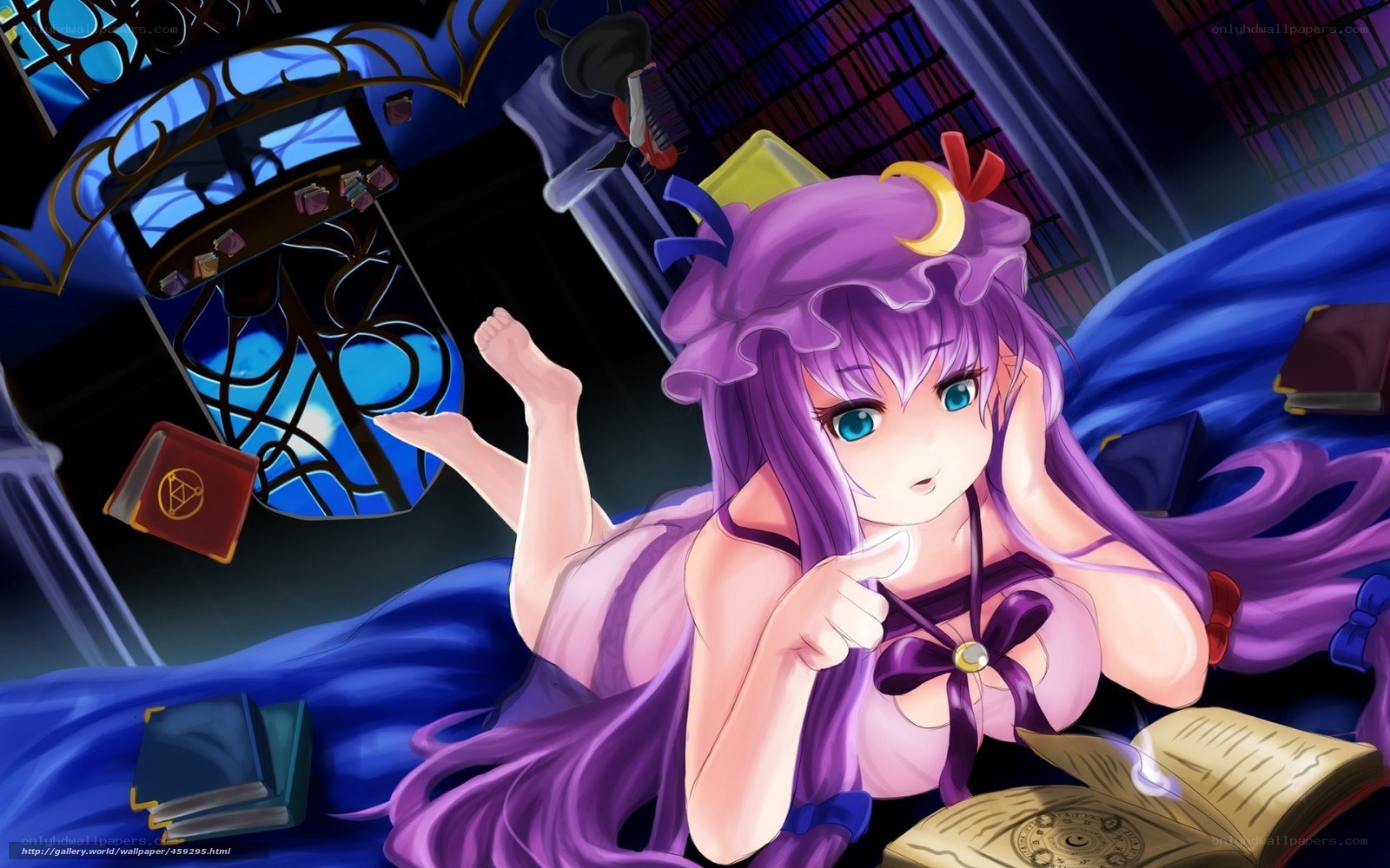 purple-haired girl in library