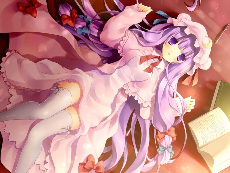 purple-haired girl in pink dress