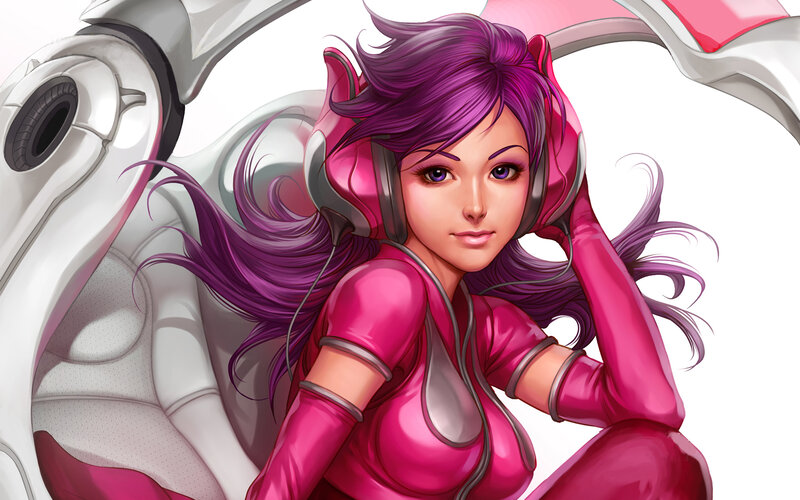 purple-haired girl in pink suit