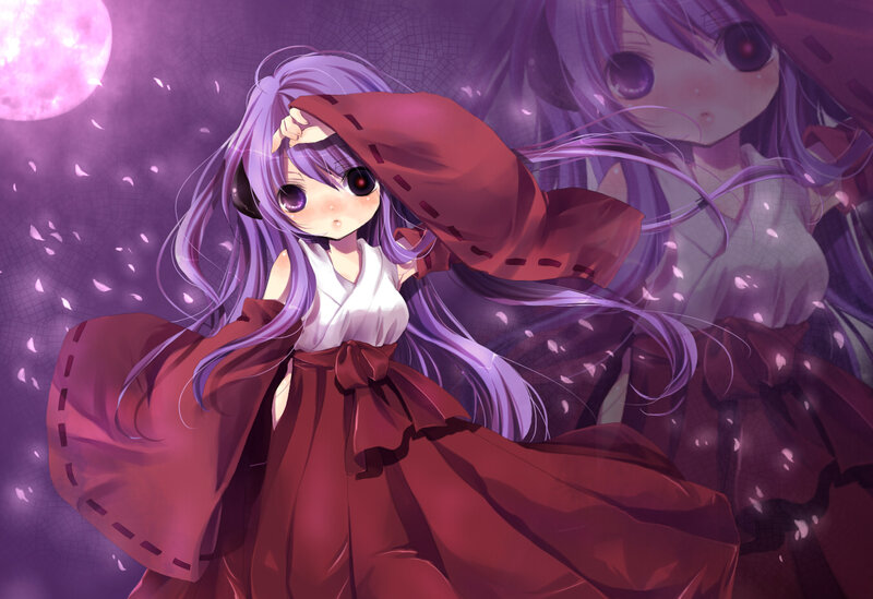 purple-haired girl in red cloak