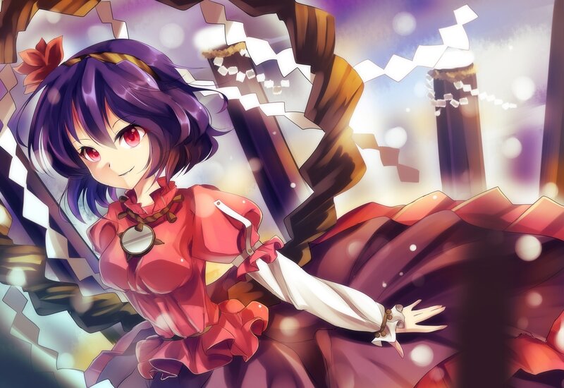 purple-haired girl in red dress