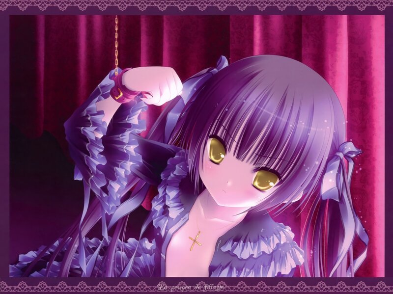 purple-haired girl in ruffled dress