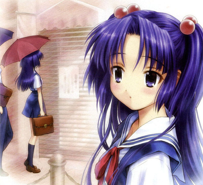 purple-haired girl in school uniform