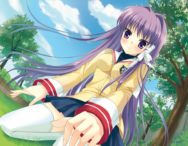 purple-haired girl in school uniform