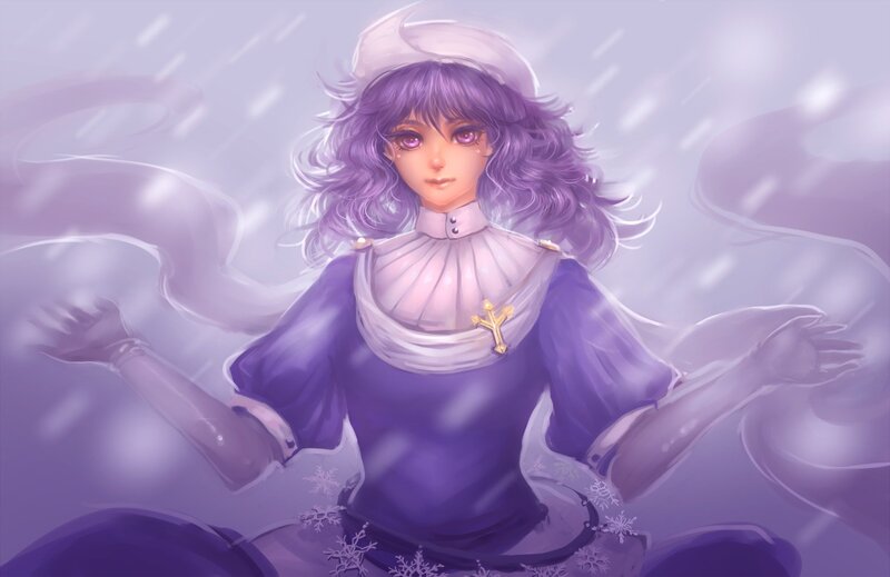 purple-haired girl in snow