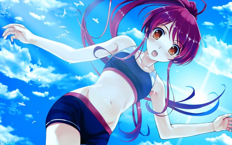 purple-haired girl in swimsuit