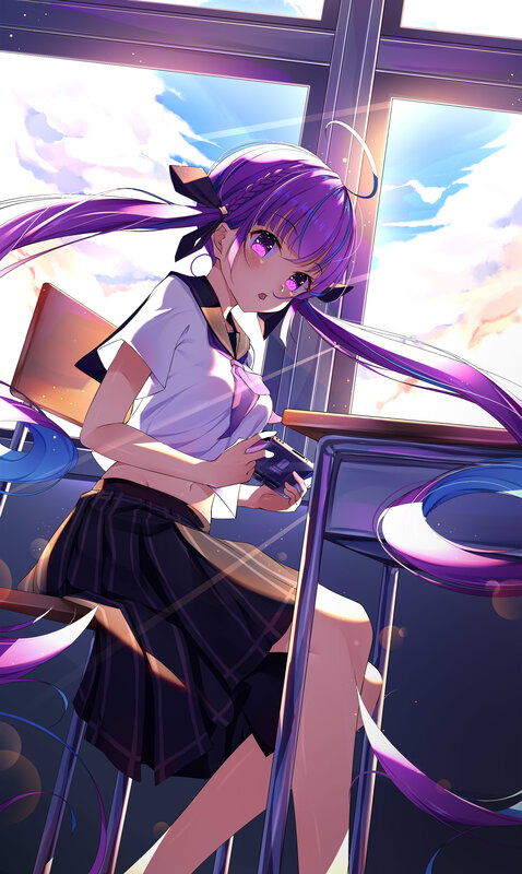 Purple-haired Girl in Uniform — Purple, Calm, Afternoon