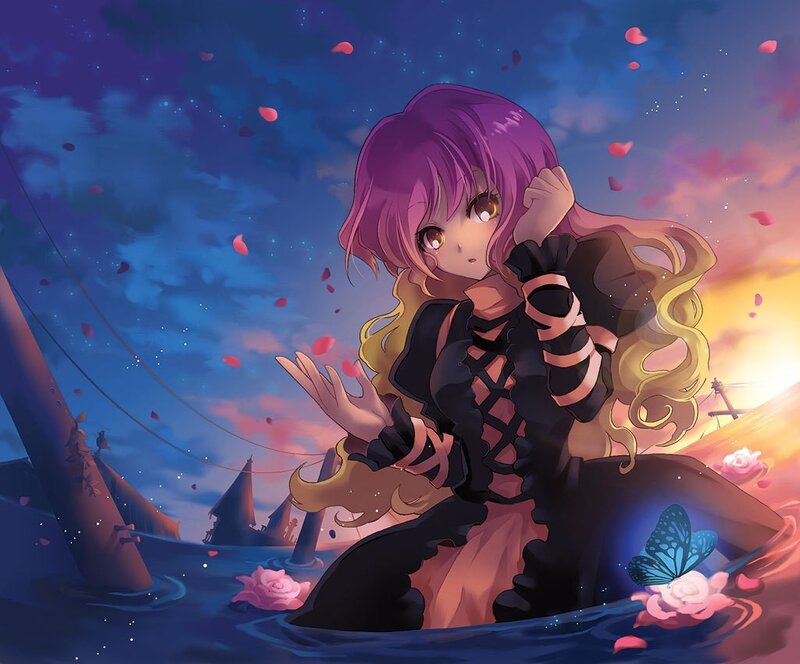 purple-haired girl in water