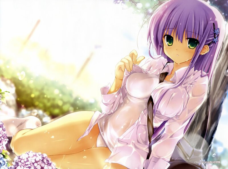 purple-haired girl in wet clothes