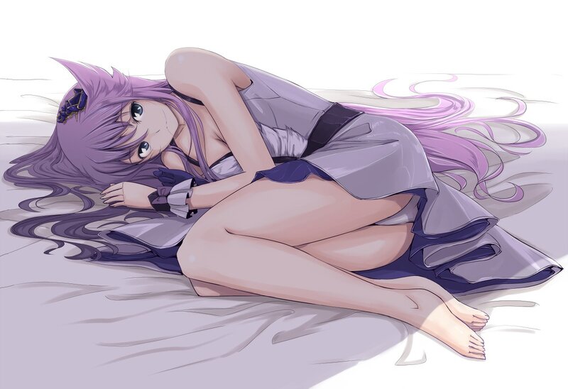 purple-haired girl lying down