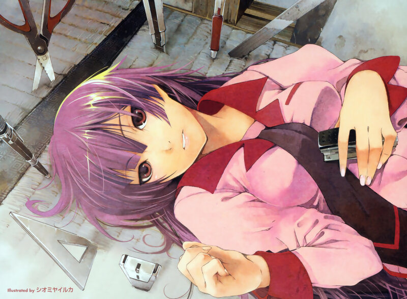 Purple-haired Girl Lying Down — Pink, Calm, Anime, Scissors