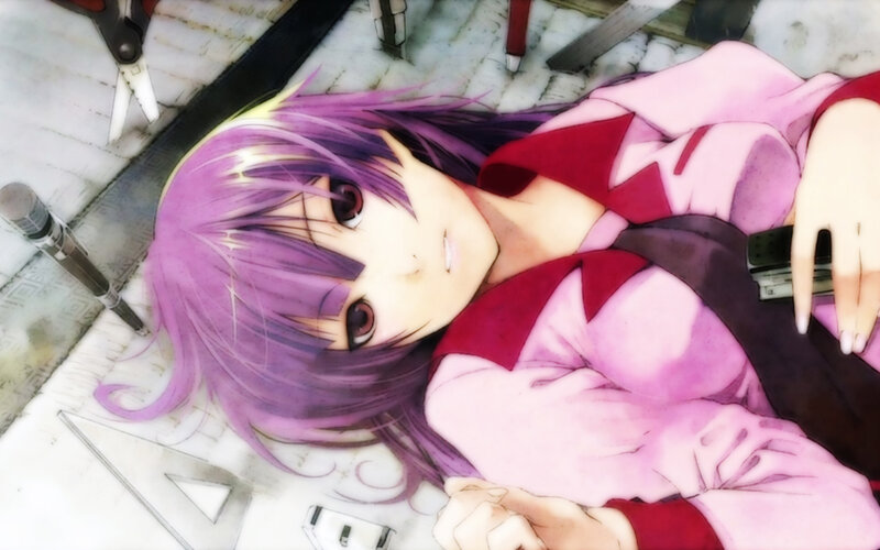 Purple-haired Girl Lying Down — Purple, Calm, Anime, Scissors, Ruler