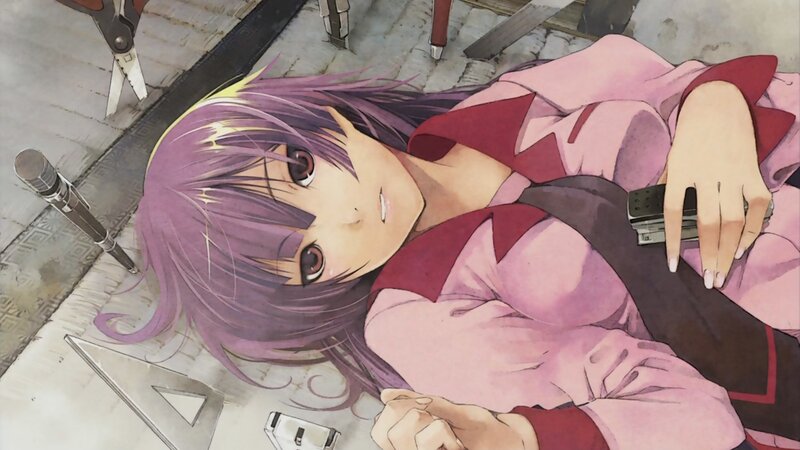 Purple-haired Girl Lying Down — Purple, Calm, Anime, Scissors