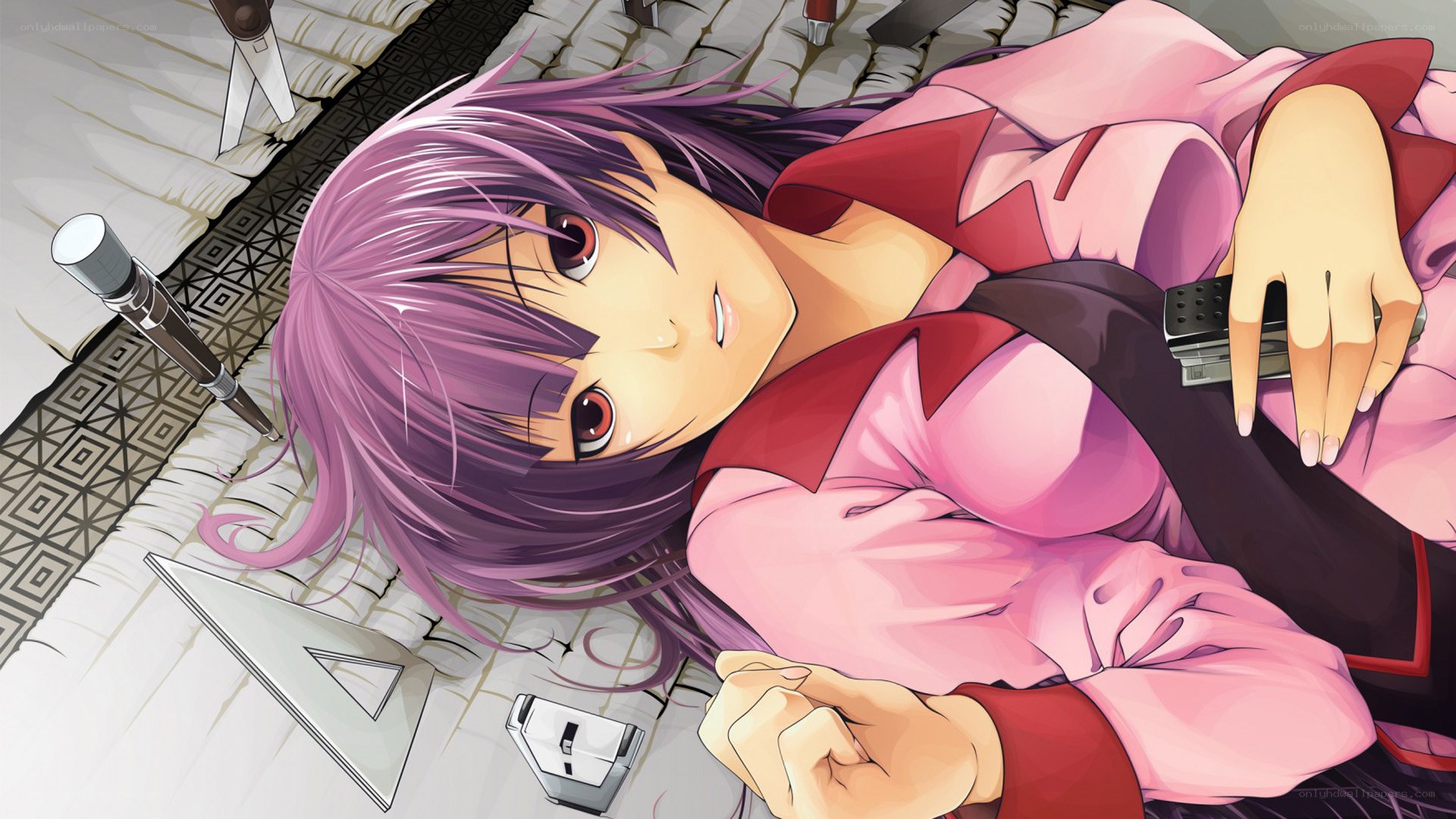 purple-haired girl lying down