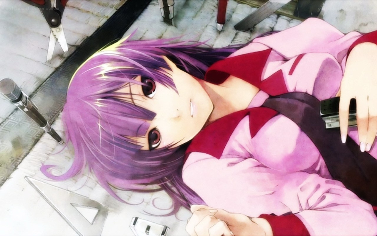 purple-haired girl lying on floor