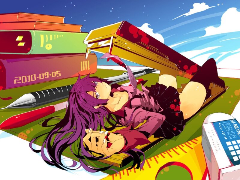 Purple-haired Girl on Books