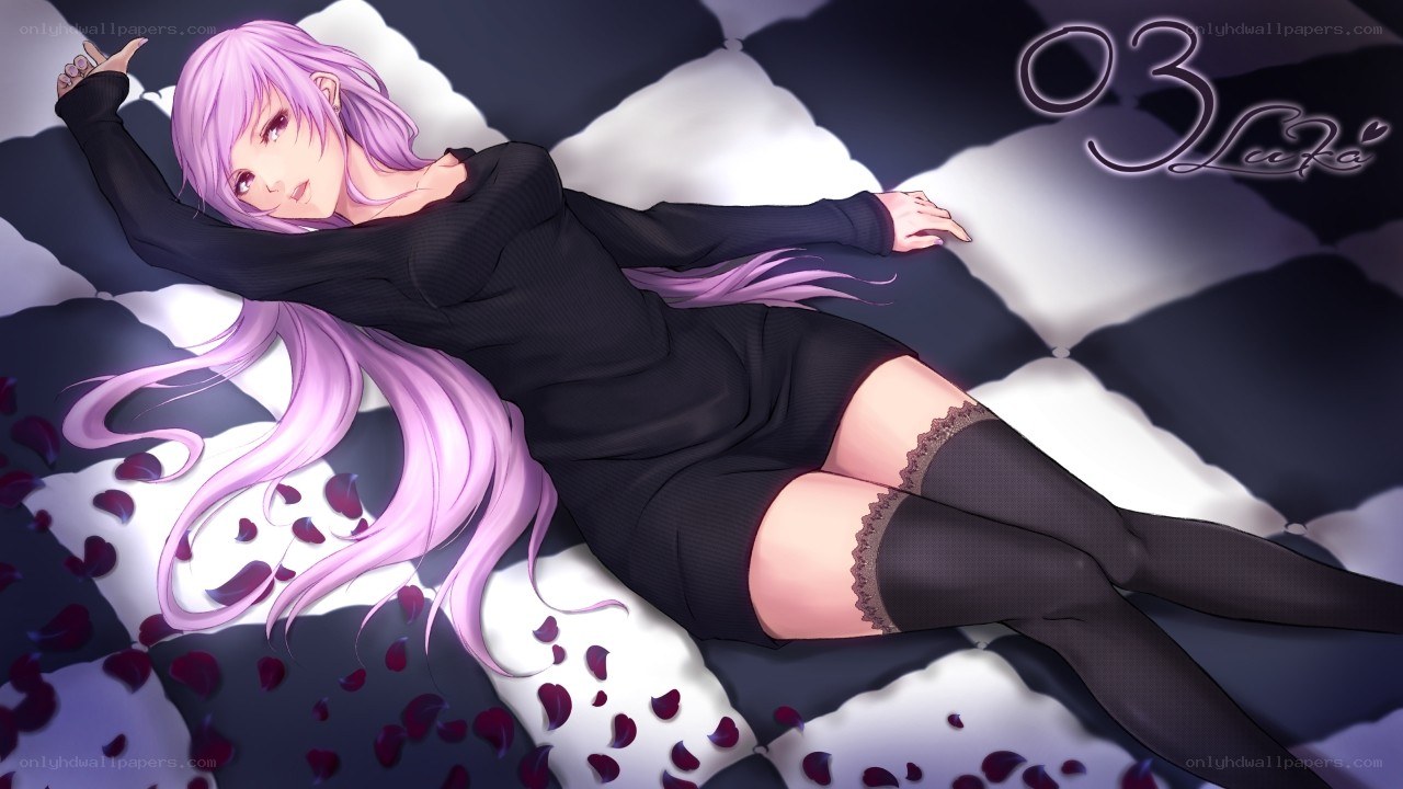 purple-haired girl on pillows