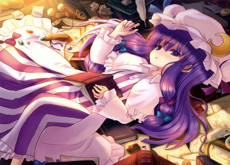 purple-haired girl reading book