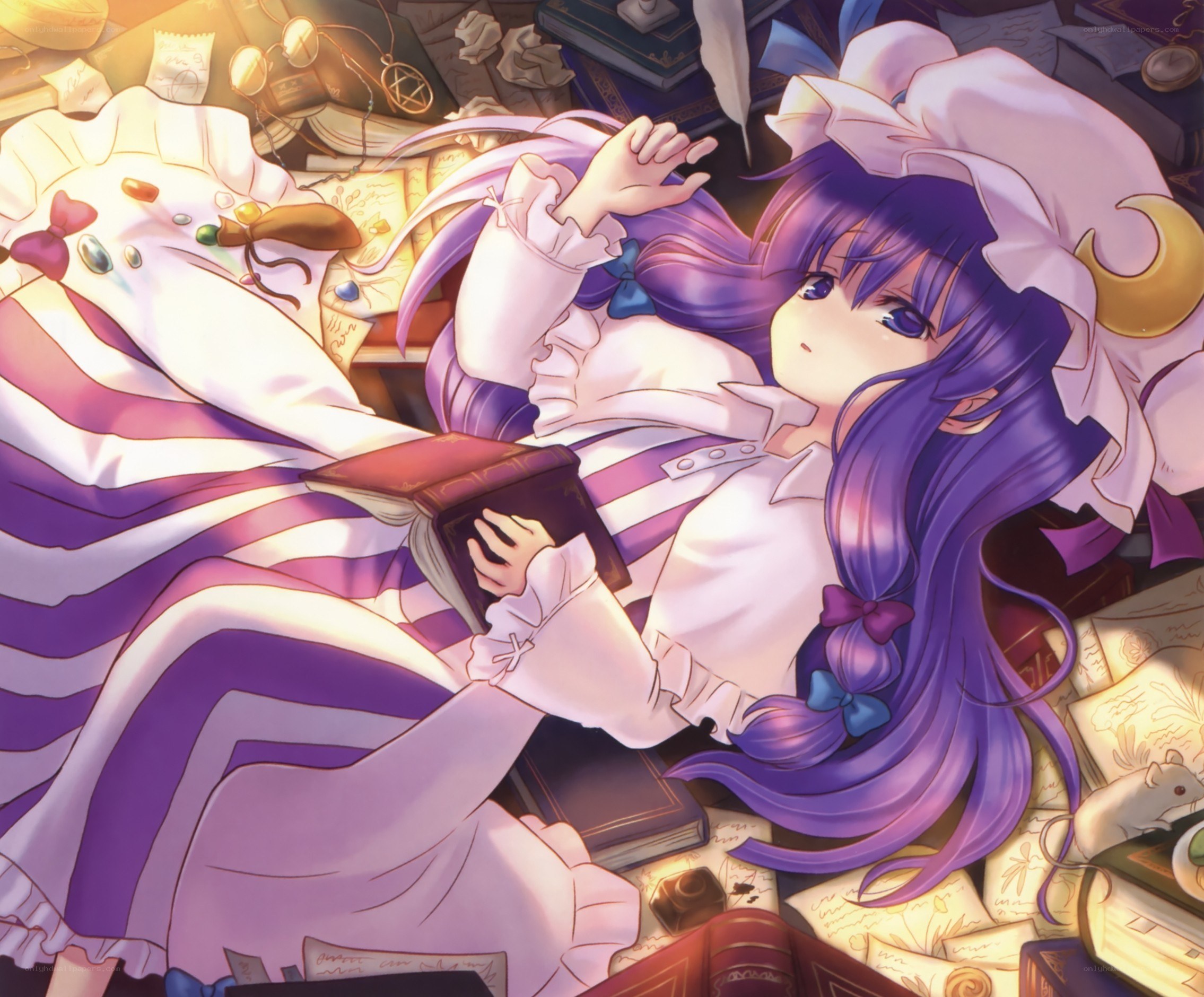 purple-haired girl reading in a library
