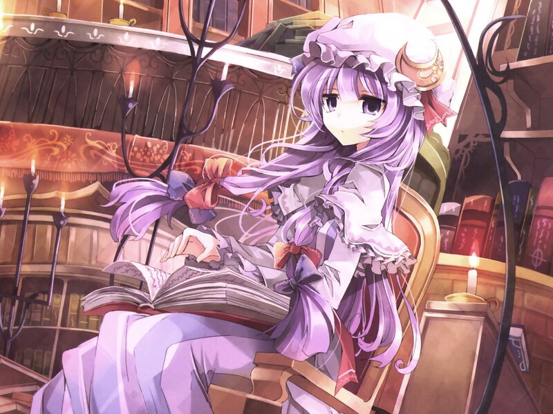 purple-haired girl reading in library