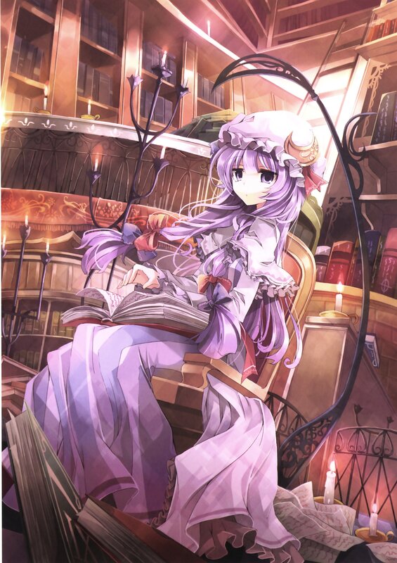 purple-haired girl reading in library
