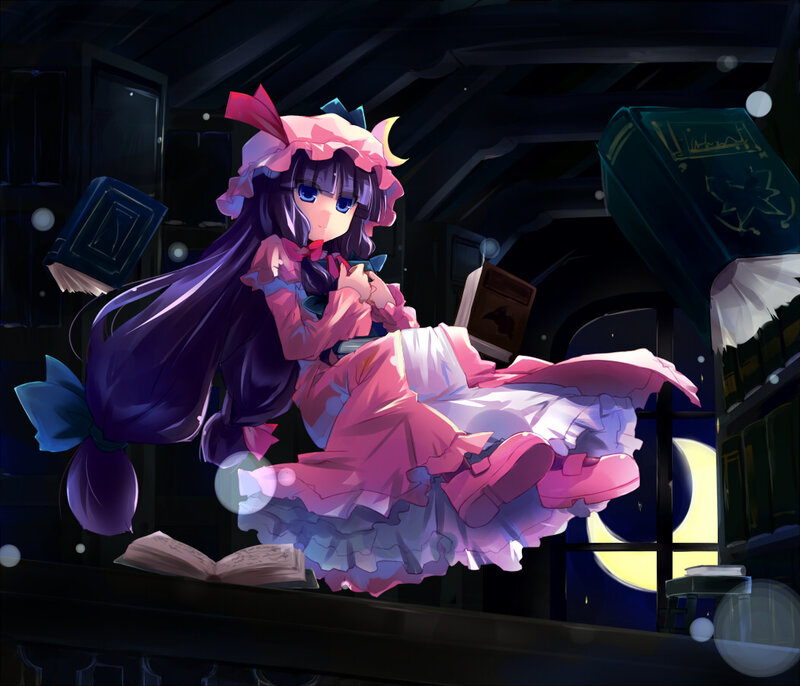 purple-haired girl reading in library
