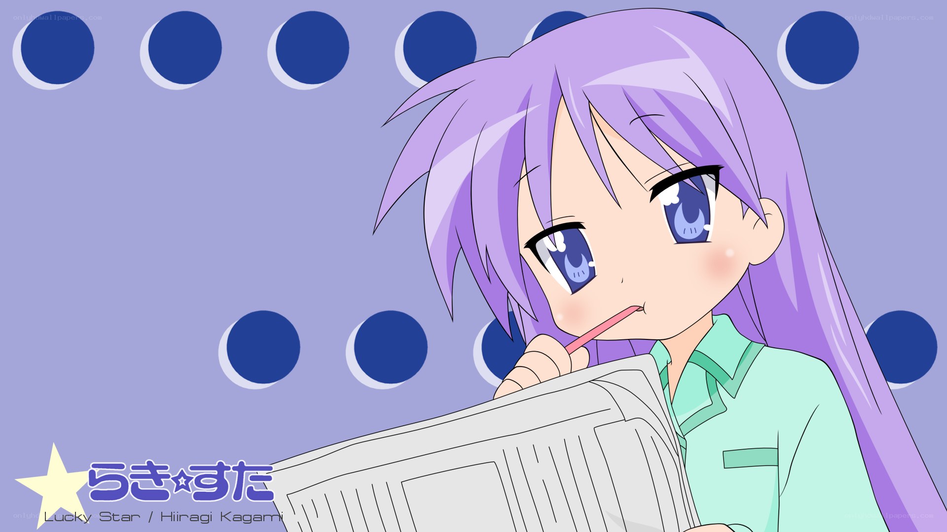 purple-haired girl reading newspaper