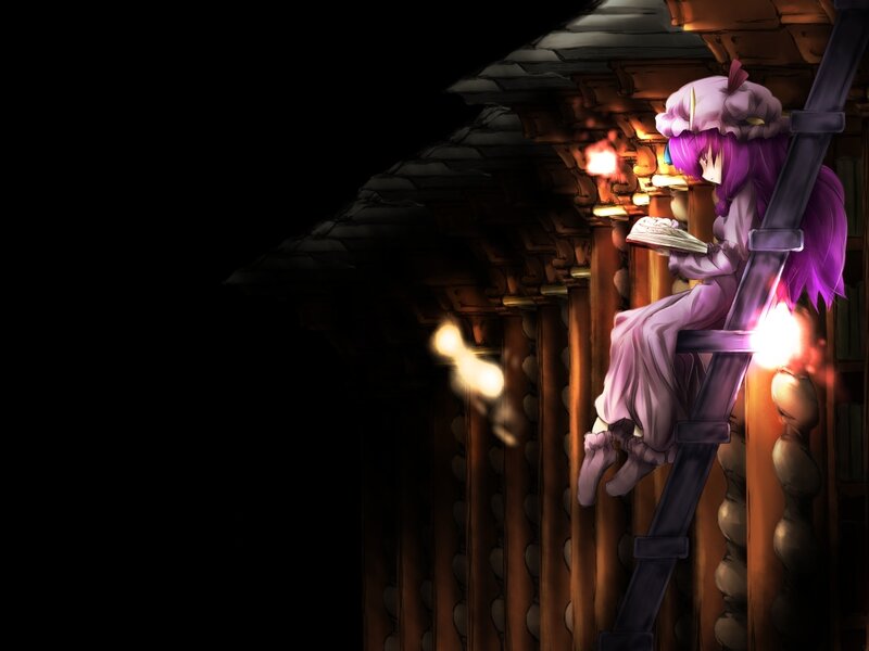 purple-haired girl reading on ladder