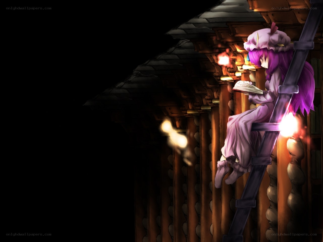 purple-haired girl reading on ladder