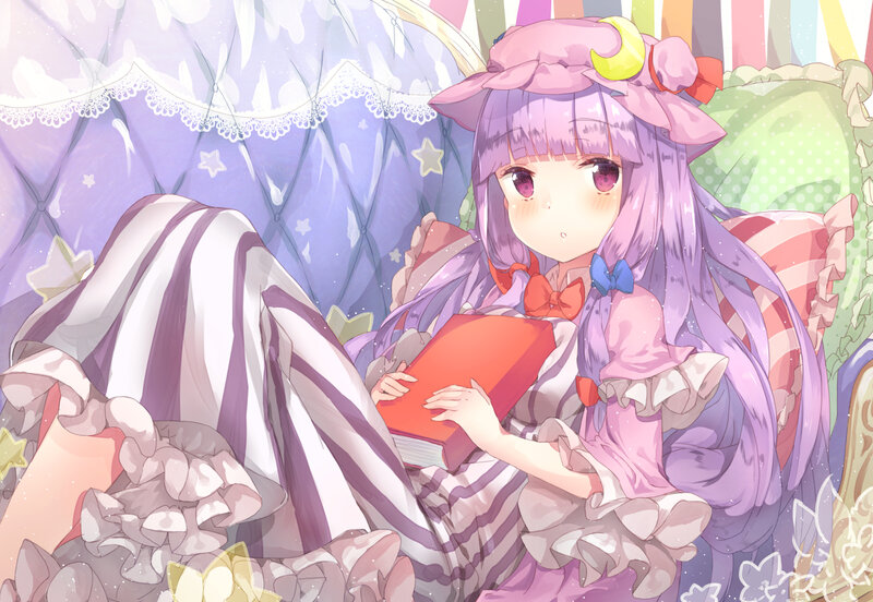 Purple-haired Girl Reading — Purple, Calm, Anime, Book, Pillows