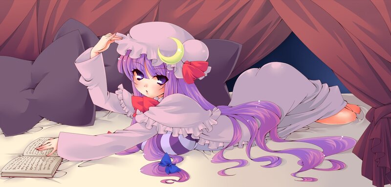Purple-haired Girl Reading — Purple, Calm, Night, Anime, Book, Pillow