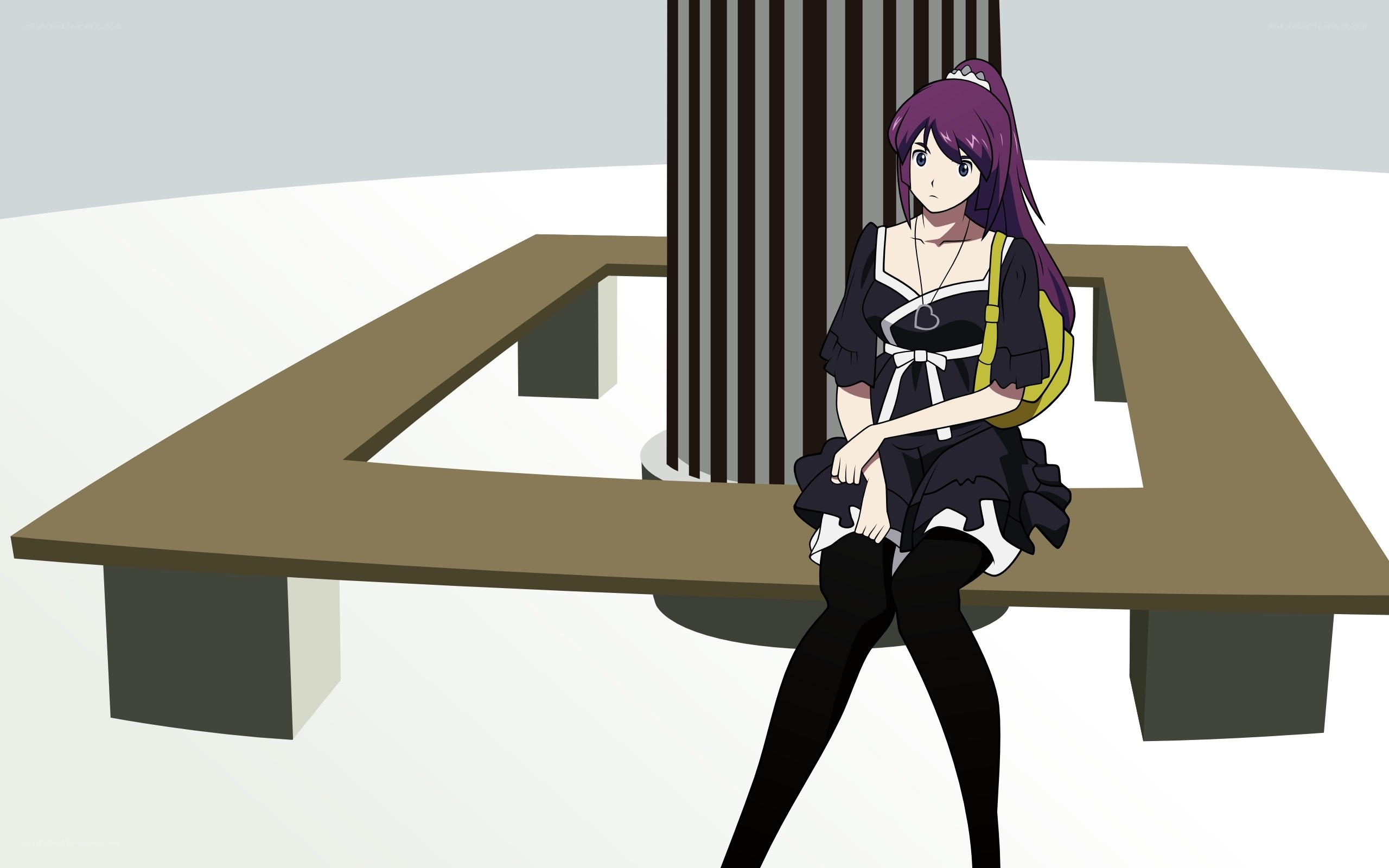 purple-haired girl sitting on bench