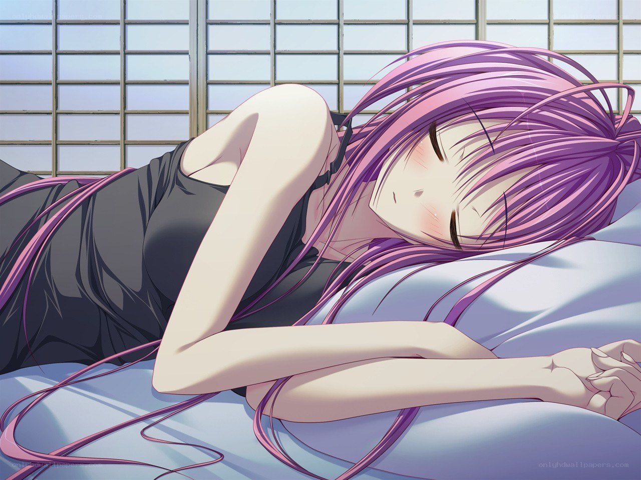 Purple-haired girl sleeping