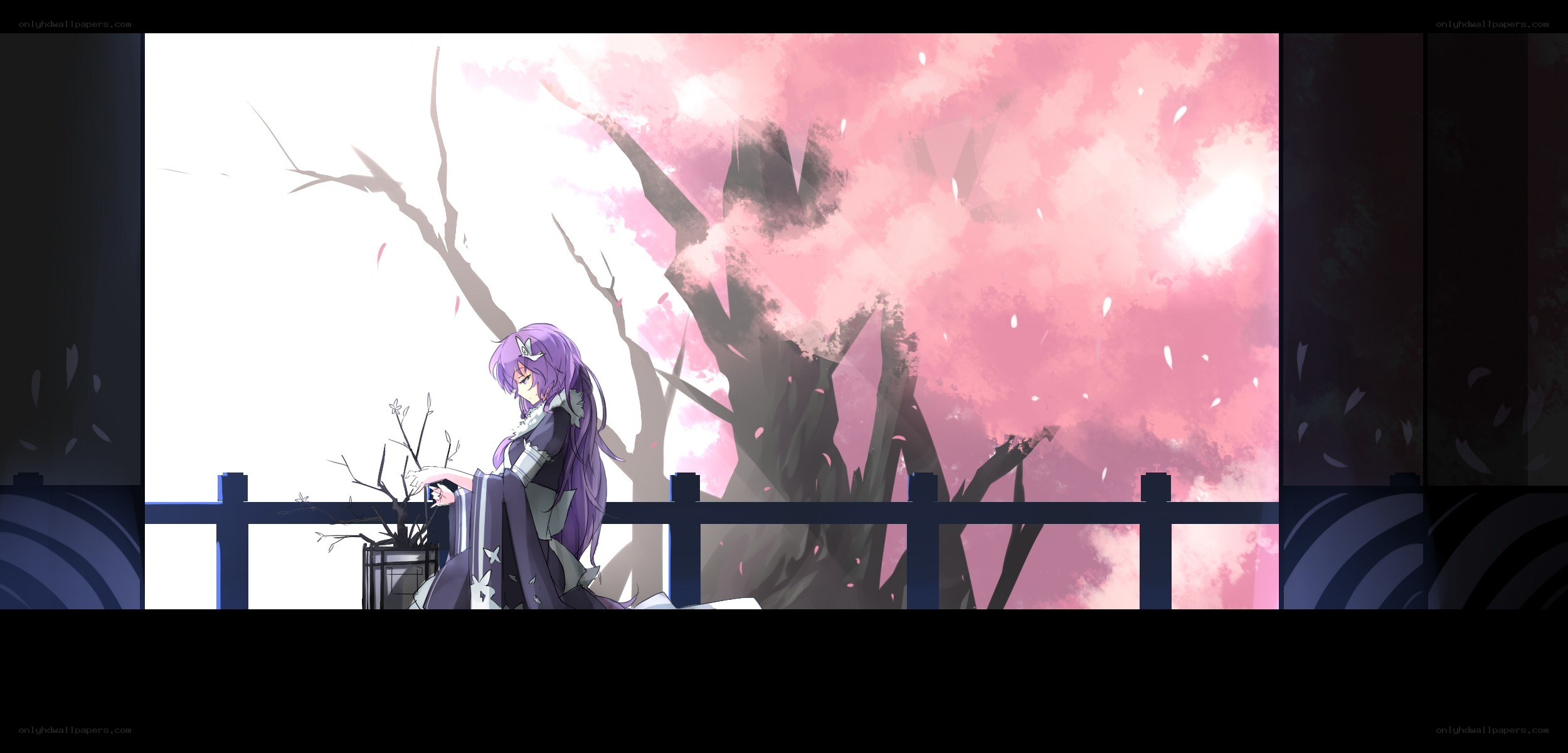 purple-haired girl under cherry blossoms
