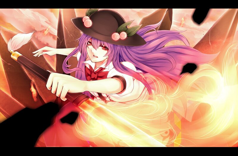 purple-haired girl with a staff
