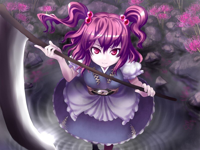 Purple-haired girl with a staff