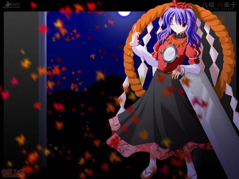 purple-haired girl with autumn leaves