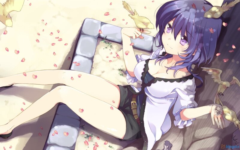 Purple-haired Girl with Birds — Purple, Serene, Spring, Anime