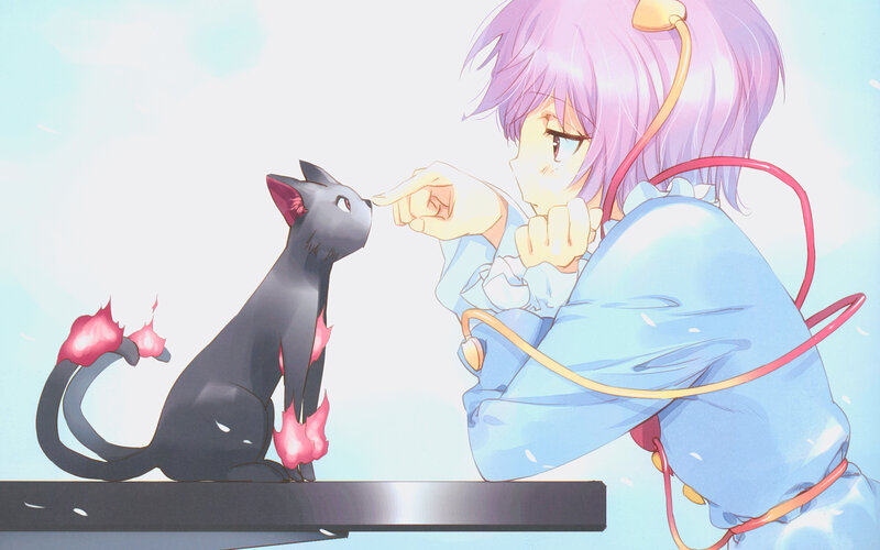 purple-haired girl with black cat
